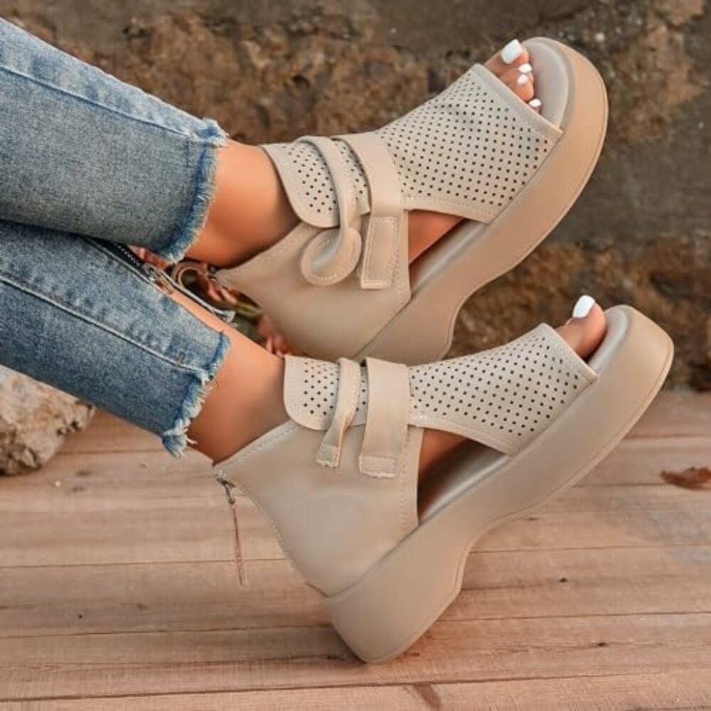 Beige Platform Wedge Sandals – Zip Back, Perforated Upper